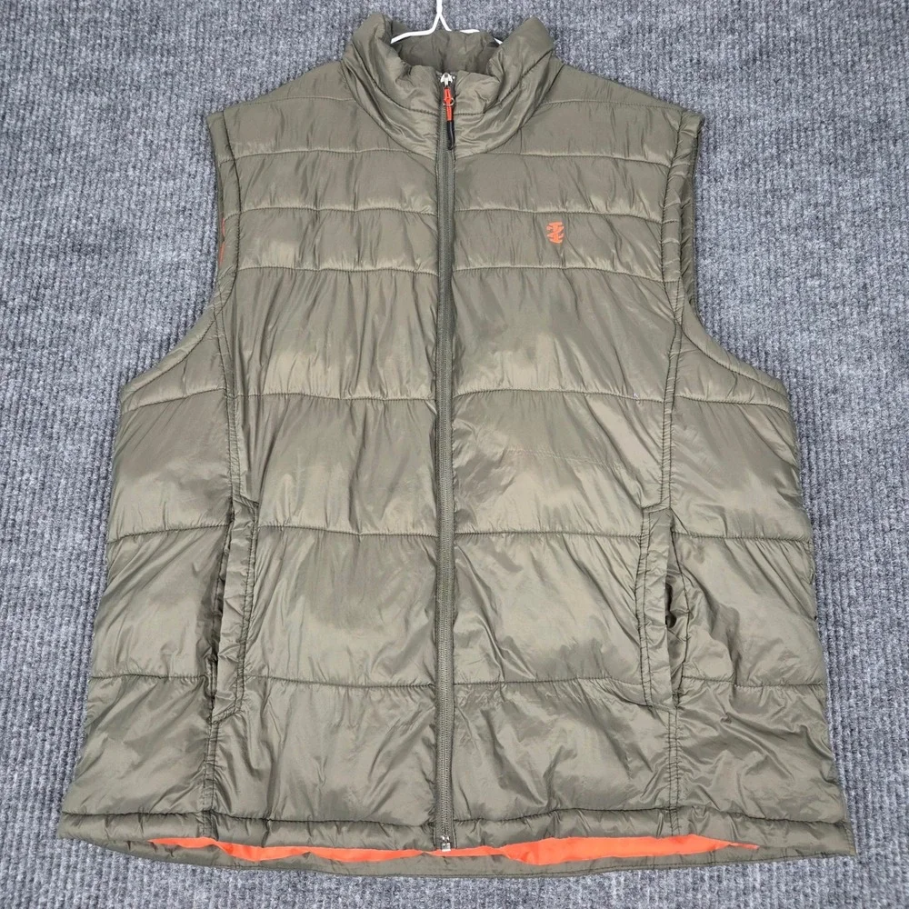 IZOD Mens Puffer Vest Olive Green Orange Lining Full Zip Quilted XL 261137